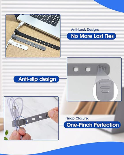 AROIC 60Pcs Silicone Cable Ties, 5-Colors Reusable Cord Organizer for Phone Charger & Data Cables - Home Office Travel Essentials, Under Desk Cable Management, Wire Holder for Computer, Kitchen