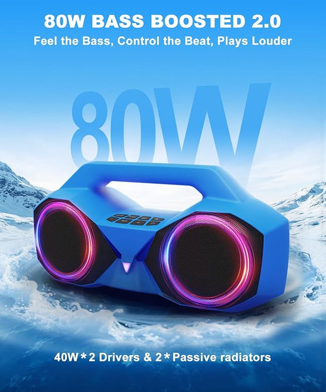 Bluetooth Speaker 80W(Peak)Loud with Bass, 20H Playtime, IPX7 Waterproof, RGB Lights, TWS, Large Portable Wireless Speakers for Outdoor, Home, Party, Pool, Beach, Tailgating, Gym, Work, Gifts (Blue)