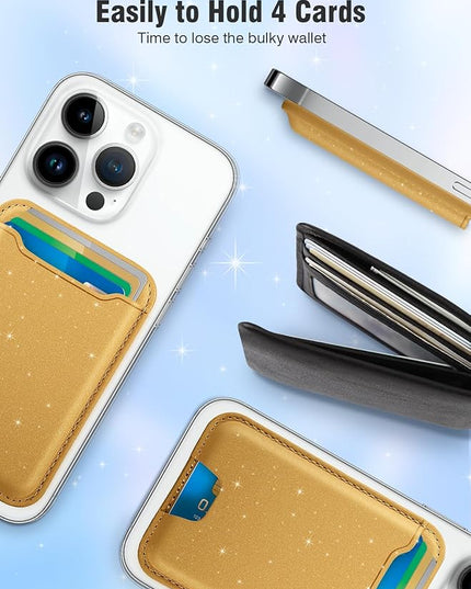 TopMade for Magsafe Wallet, Sparkle Magnetic Card Holder for iPhone 17, 16, 15, 14, 13, 12 Series, Leather RFID Blocking, Fit 4 Cards, Glitter Yellow