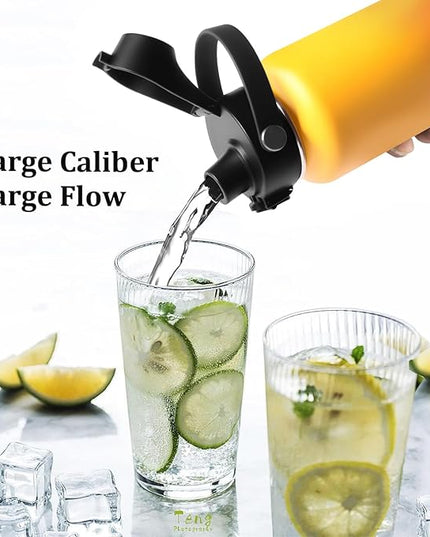 Water Bottle Insulated 32oz 40oz 64oz 128oz Straw Lid Spout Lid & 3 Lids, Leak Proof, Vacuum Insulated,Stainless Steel Water Bottle Wide Mouth for Sports, Gym or Office