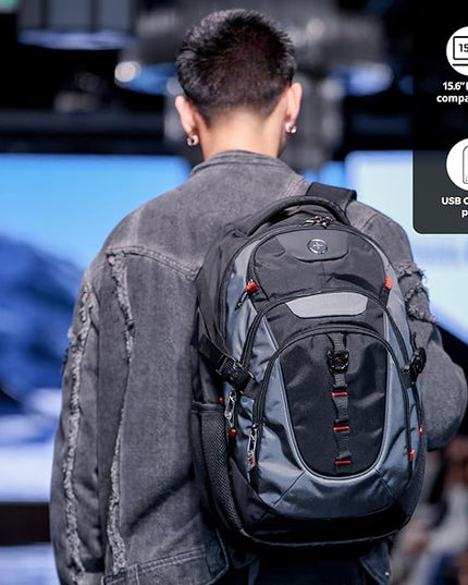 Swissdigital Design Laptop Backpack with USB Charging Port, Travel Backpack Fits 15.6 inches Computer, 31L College School Backpack for Men, Haze Blue/Black | SD803-16