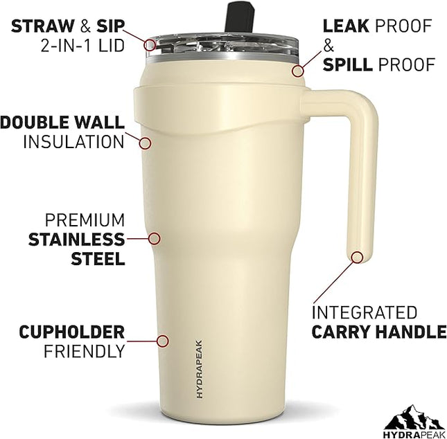 Hydrapeak Roadster 40oz Stainless Steel Tumbler Double Wall Vacuum Insulated Water Bottle With Handle And 2 in 1 Straw Lid (Modern Cream)