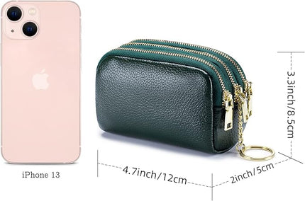 LINNO 3 Zippered Genuine Leather Coin Purse Triple Capacity Change Pouch Little Travel Wallet With Key Ring for Women