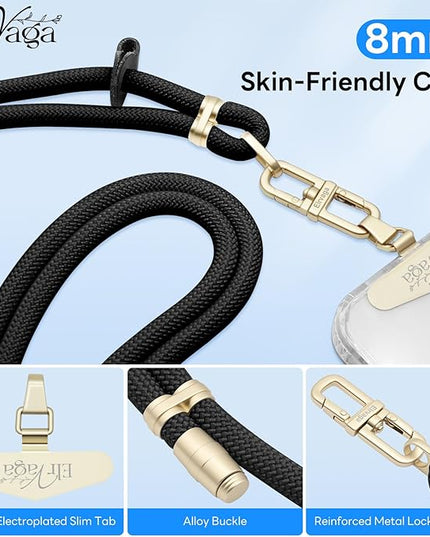 Adjustable Anti-Theft Phone Lanyard Neck & Crossbody Strap with 0.2mm Metal Tab & Comfort-Fit 8mm Rope (Black)