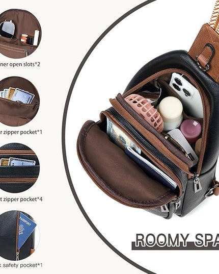 Sling Bag for Women Crossbody Fanny Pack Belt Bag Sling Purse Vegan Leather Trendy Travel Anti Theft Brown/Black