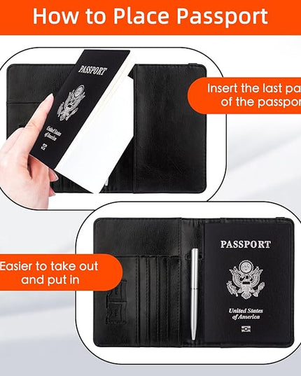 WALNEW Passport Holder for Travel, RFID Passport Cover Wallet for Women Men, PU Leather Passport Book Card Holder Case with Pen, Travelling Essentials for Flying