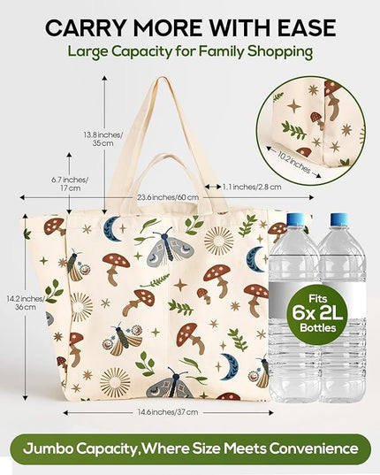 Large Canvas Grocery Tote Bag - Reusable Extra Large Shopping Shoulder Bags with 6 Inner Pockets & 2 Handle Strap