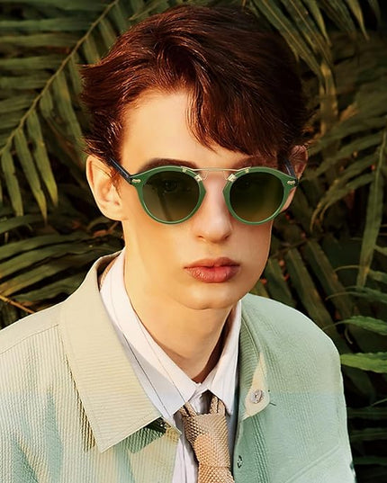 CARFIA Small Face Acetate Polarized Sunglasses for Women UV Protection, Retro Double Bridge Eyewears Metal Brow Round Sunnies