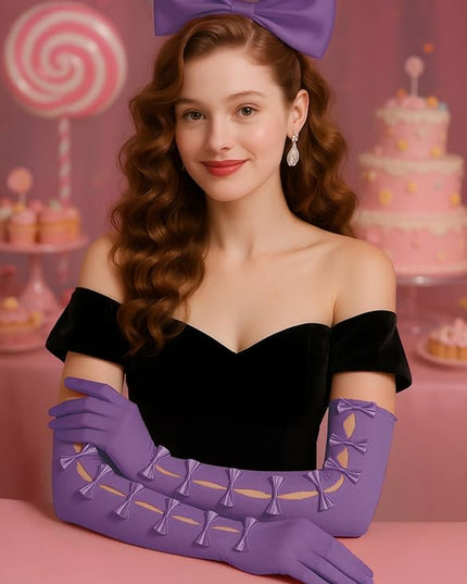 BABEYOND Lace Gloves for Women - Princess Gloves Long Stretchy Bow Mesh Tulle Sheer for Costume Opera Party