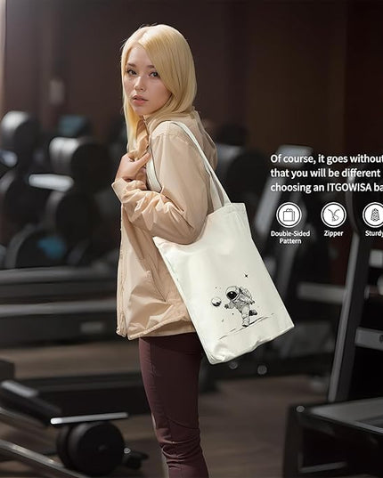 Tote Bag for Women, Reusable Zippered Canvas Bag with Handles Pocket Thick Canvas, for Grocery Shopping Beach Gift