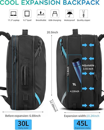 Travel Carry on Backpack, Extra Large Expandable 45L Backpack for Flight approved, 17.3" Laptop with USB Charging Port Backpacks, Water Resistant Computer Business Backpack for Men & Women