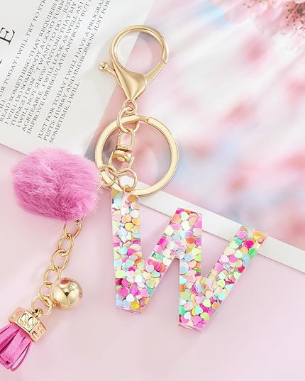 Resin Alphabet Initial Letter Keychain Keyring for Women Purse Handbags With Fur Ball Pom
