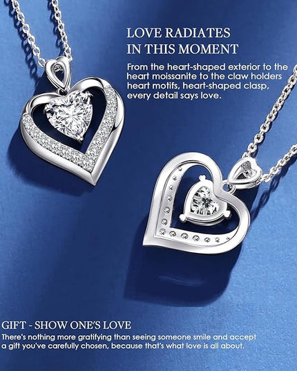 Beam & Bask 2-3 Ct Moissanite Double Heart Pendant Necklaces for Wife, 18K Gold Plated S925 Silver Jewelry for Women Girlfriend Mom Her on Anniversary Birthday