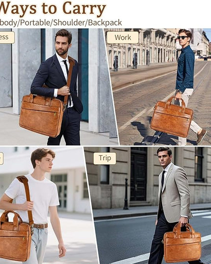 Faux Leather Messenger Bag for Men 17.3 Inch: Laptop Bag Briefcase Computer Handbags Shoulder Crossbody Bag with Padded Laptop Sleeve for Work College Travel, PU Brown