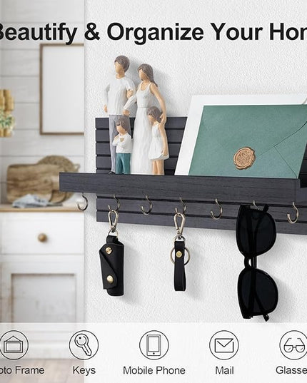 Lwenki Decorative Key Holder for Wall with Shelf, Entryway Shelf with Hooks Holds Leashes, Jackets and Glasses – Sturdy Wood Keyholder Entrance Hanger with Mounting Hardware (Black, Large)