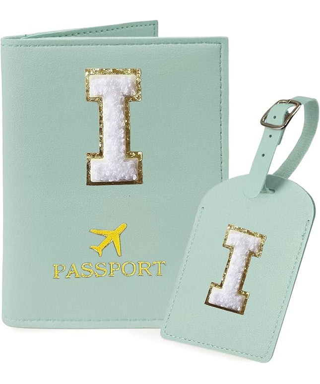 COSHAYSOO Green Passport Cover and Luggage Tag Set TSA Approved with Her Initial Chenille Letter Patch, Trendy Travel Bag Backpack Suitcase Identifier Gifts for Daughter Mother Sister in Law (I)