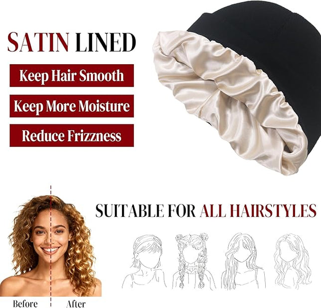 PFFY 2 Packs Womens Satin Lined Beanie Hat Silk Lining Winter Hats Beanies for Women Soft Slouchy Beanie Skull Cap