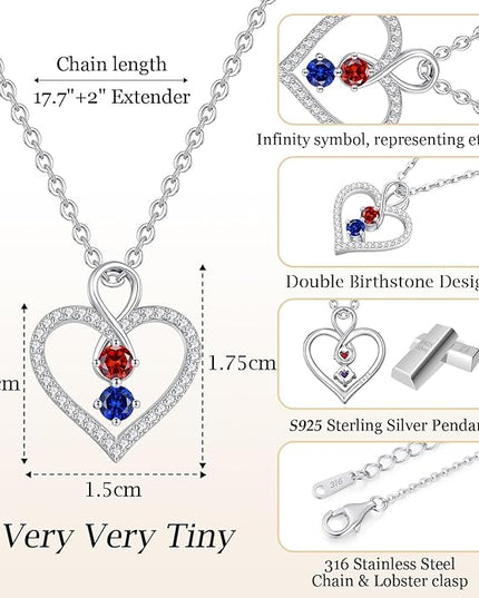LOUISA SECRET Infinity Double Birthstone Necklace, 925 Sterling Silver Tiny Pendant Heart Necklace for Women Wife Her, Best Jewelry Gift Heart Jewelry Meaningful Gift for Valentine's Day, Christmas, Birthday Anniversary