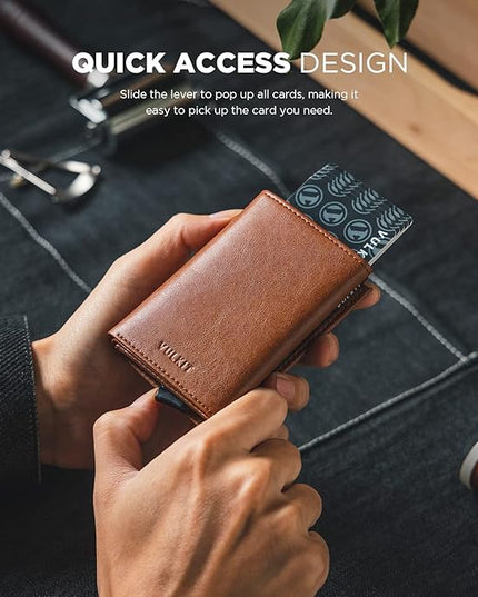 VULKIT Pop up Card Wallet Minimalist Cash Wallets RFID Blocking Leather Smart Credit Card Holder with ID window for Men(Brown)