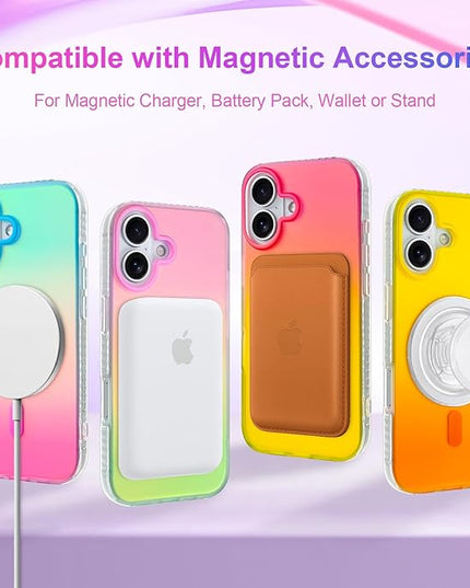 Aesthetic Case for iPhone 17 Case for Women Girls [Compatible with Magsafe] Cute Girly Trendy Glitter Sparkly Rainbow Magnetic Protective Phone Cover, Matte Iridescent Pink & Green