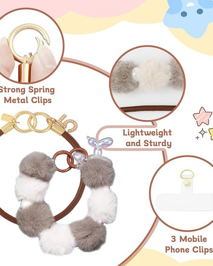 2 Pcs Phone Charm Wrist Strap with Tether Tab, Double Anti Lost Fluff Ball Beaded Wrist Lanyard, Detachable Leather Phone Charms for Bag, Key Chains, Camera Decor