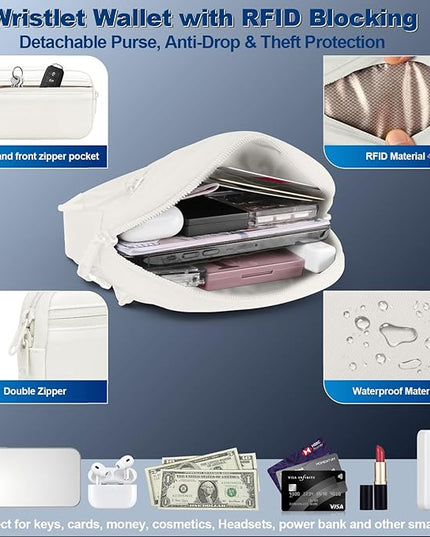 Clip and Go Strap for Phone with Wallet Crossbody, Adjustable Phone Lanyard with Detachable RFID Wristlet Wallet, Cream (L)
