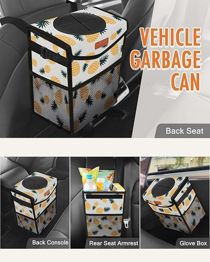 Car Trash Can with Lid, Cute Leakproof Car Trash Garbage Bag Hanging Vehicle Trash Bin Small Portable Automotive Garbage Cans Organizer for Back/Front Seat/Console(2.8 gal,Pineapple Print