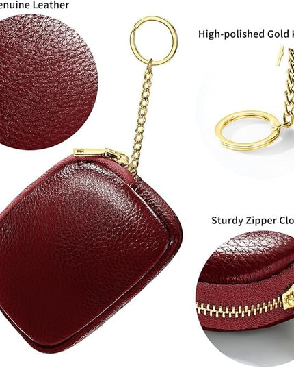 ZYLOXAR Genuine Leather Wallet Small Change Purse Keychain Mini Zipper Coin Pouch for Women (Red)
