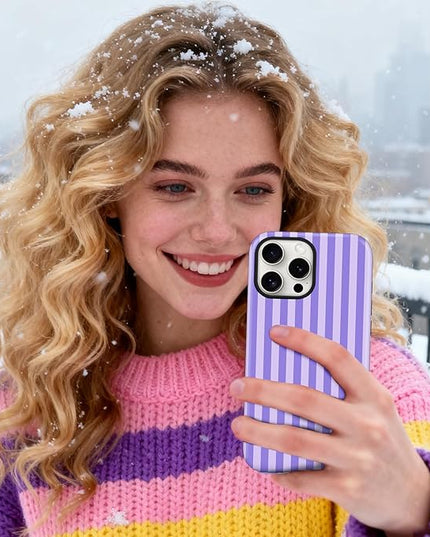 Magnetic for iPhone 15 Case Cute Stripes Phone Case, Shockproof Slim TPU and Hard PC Protective Phone Cover Compatible with MagSafe Designed for Women Girls, Light Purple