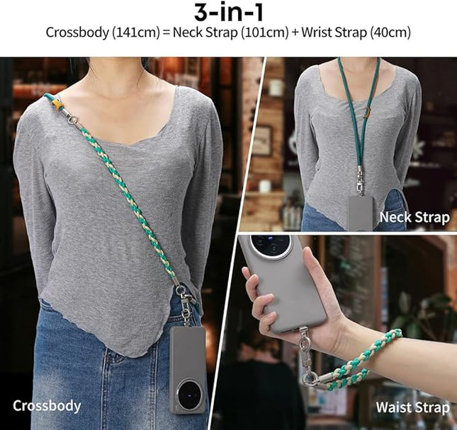 Besnfoto Phone Lanyard Crossbody Phone Strap 3-IN-1 Neck and Wrist strap for Cell Phone 360°Universal Metal Buckles and Tabs