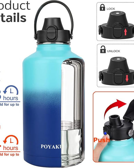 Water Bottle Insulated 32oz 40oz 64oz 128oz Straw Lid Spout Lid & 3 Lids, Leak Proof, Vacuum Insulated,Stainless Steel Water Bottle Wide Mouth for Sports, Gym or Office