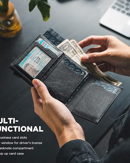 VULKIT Pop up Card Wallet Minimalist Cash Wallets RFID Blocking Leather Smart Credit Card Holder with ID window for Men(Black)
