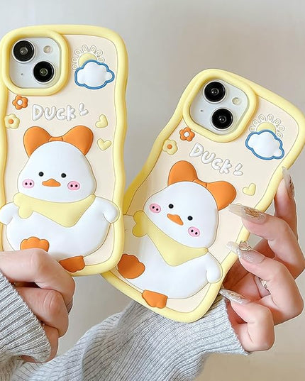 Case Compatible with iPhone 15 Pro Max,Cute 3D Kawaii Funny Scarf Duck Cartoon Cover with Keychain Soft Silicone Gel Drop Protector Women Girls