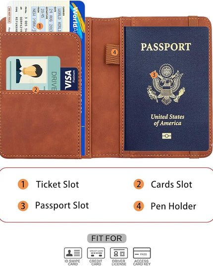 Melsbrinna Premium Leather Passport Holder Covers Case, Waterproof Rfid Blocking Travel Wallet Passport Holder with Pen Holder, Cute Passport Book for Women/Men