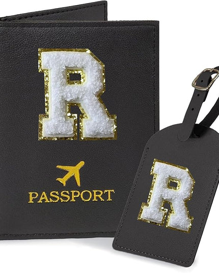 COSHAYSOO Black Passport Cover Holder and Initial Luggage Tag Set for Women Boys Girls Kids European International Travel Accessories Letter R