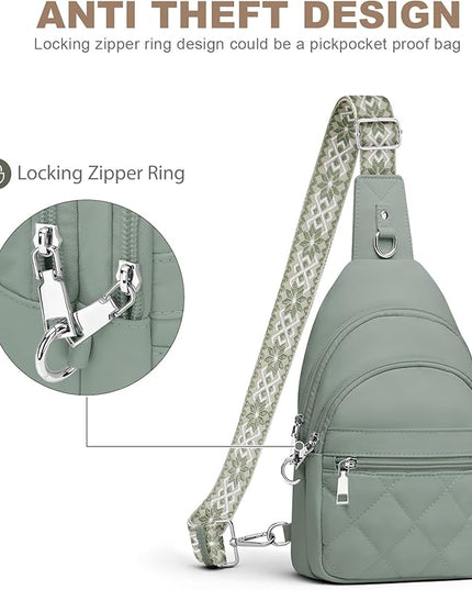 Sling Bag for Women, Anti-Theft RFID Crossbody Bag Nylon Sling Purse for Travel, Puffy Small backpack for Daily Hiking Sports Green