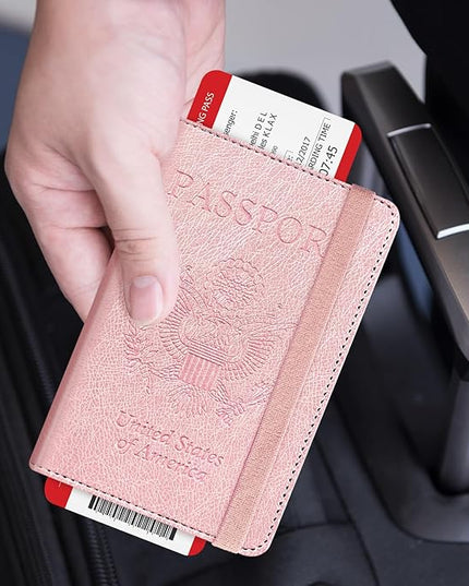 RSAquar Passport Holder for Women and Men, Premium PU Leather Travel Passport Wallet RFID Blocking Passport Cover Travel Documents Organizer (Rose Gold)