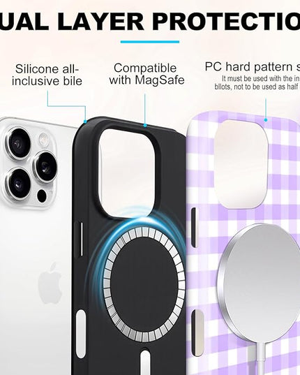 Magnetic for iPhone 15 Case Cute Checkered Stripes Phone Case for Women Girls, Shockproof Slim TPU and Hard PC Protective Phone Cover Compatible with MagSafe Designed, Purple