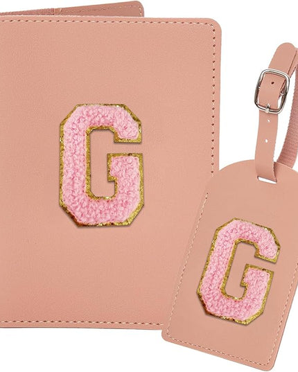 ULICO Initial Passport Cover and Luggage Tag Set,PU Leather Letter Passport Case Holder Travel Suitcase Tag, Personalized Travel Luggage Accessories Gifts for Women Kids Teenage Pink G