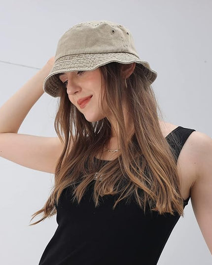 kozinu Washed Cotton Bucket Hats Packable Summer Outdoor Cap Travel Beach Sun Hat Plain Colors for Men Women