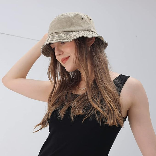 kozinu Washed Cotton Bucket Hats Packable Summer Outdoor Cap Travel Beach Sun Hat Plain Colors for Men Women
