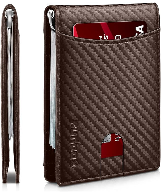 RUNBOX Slim Wallet for Men Genuine Leather RFID Blocking Bifold Minimalist Front Pocket Mens Wallet with Money Clip Thin Gift Box