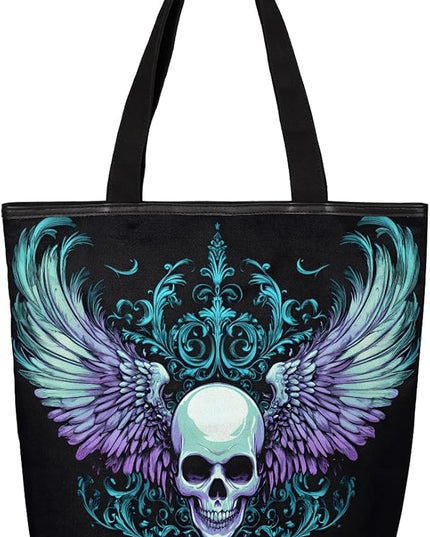 Pardick Gothic Skull Canvas Tote Bag, Eco Friendly Reusable Grocery Shopping Bags Beach Bag Book Tote Handbags Washable Shoulder Bag With Zipper Inner Pocket for Women Girls