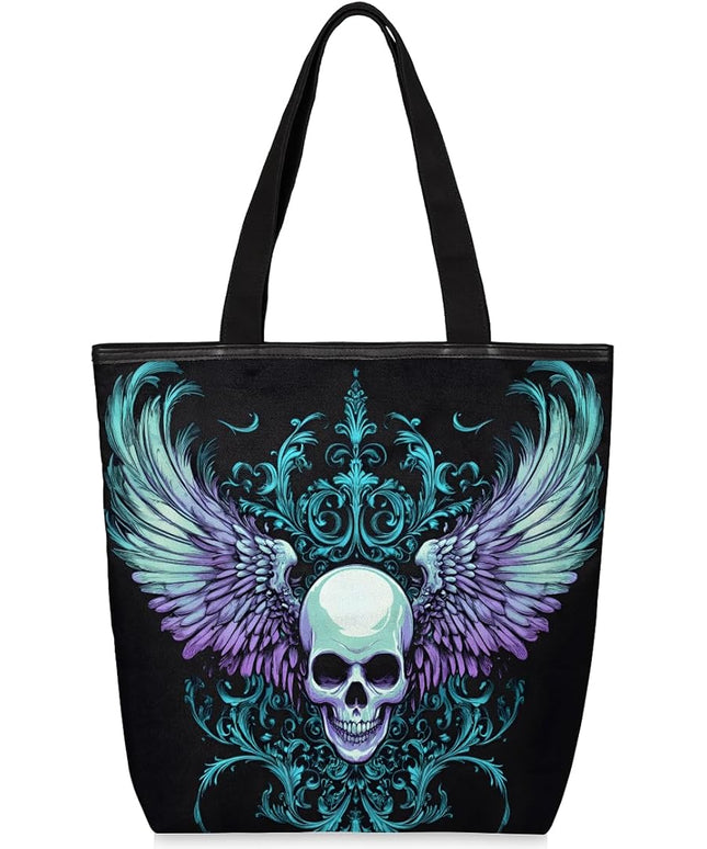 Pardick Gothic Skull Canvas Tote Bag, Eco Friendly Reusable Grocery Shopping Bags Beach Bag Book Tote Handbags Washable Shoulder Bag With Zipper Inner Pocket for Women Girls
