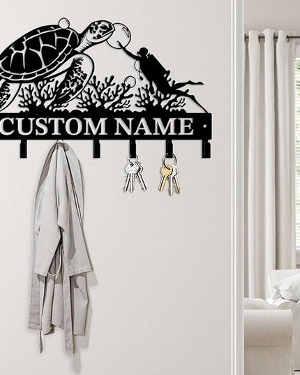 Casebrick Custom Sea Turtle Metal Wall Hooks,Key Holder-Personalized Iron Wall Decor for Keys, Coats & Home Organization (Black, Handmade,Decorative for Entryway, Beach,Bedroom,Office) (Style C)