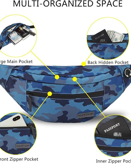 MAXTOP Large Crossbody Fanny Pack with 4-Zipper Pockets,Gifts for Enjoy Sports Festival Workout Traveling Running Casual Hands-Free Wallets Waist Pack Phone Bag Carrying All Phones