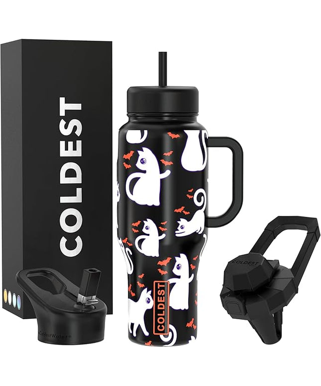 Coldest Tumbler with Handle and Straw, 100% Leak Proof Insulated Tumbler with Lid and Straw (3 Lids), Stainless Steel Tumblers for Women & Men, Cup Holder Friendly Base, 36 oz (Bats and Cats)