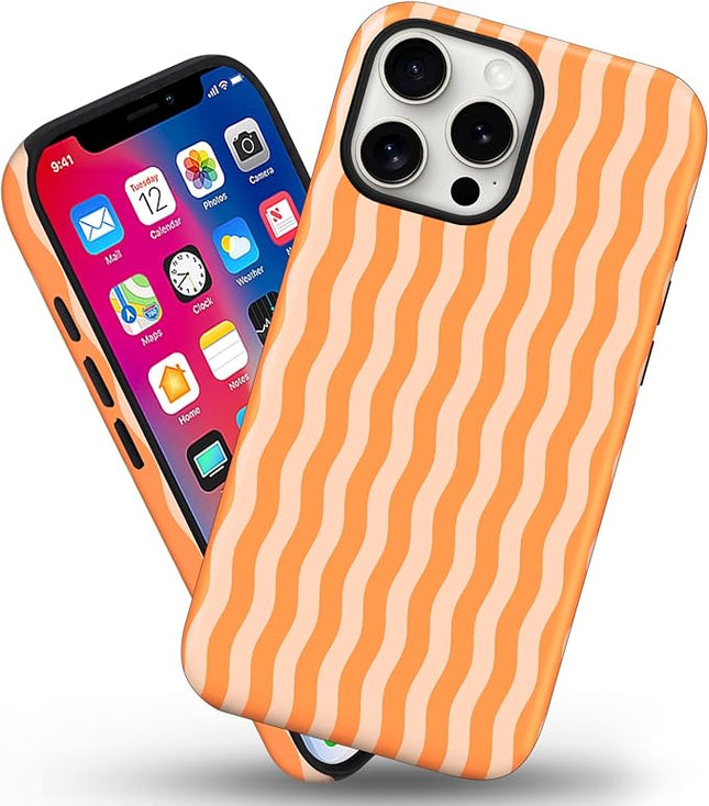 Magnetic for iPhone 14 Pro Max Case Cute Wavy Stripes Phone Case, Shockproof Slim TPU and Hard PC Protective Phone Cover Compatible with MagSafe Designed for Women Girls, Orange