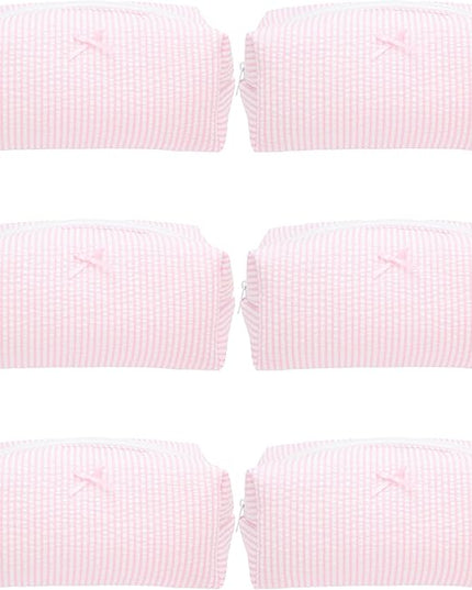 6PCS Cozy Makeup Bag SET Travel Cosmetic Bag for Women Soft Toiletry Bag Aesthetic Makeup Organizer Portable Large Zipper Pouch for Skincare Beauty Accessories Brushes Stripe Pink