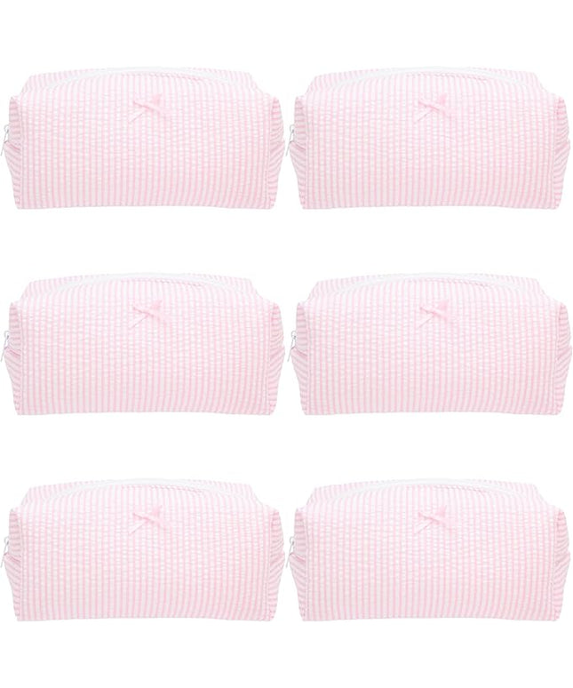 6PCS Cozy Makeup Bag SET Travel Cosmetic Bag for Women Soft Toiletry Bag Aesthetic Makeup Organizer Portable Large Zipper Pouch for Skincare Beauty Accessories Brushes Stripe Pink